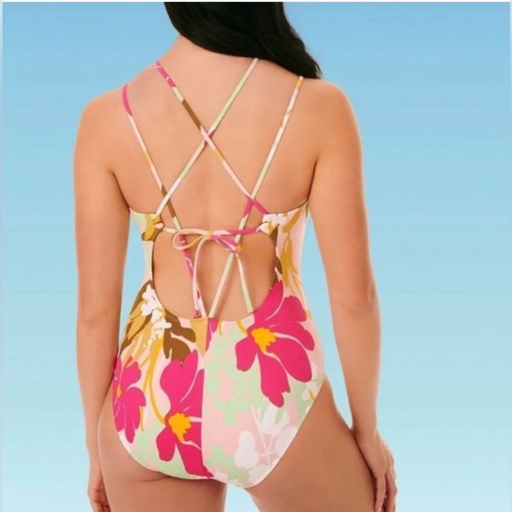 Beach Betty Sliming Control Strappy Back One Piece Swimsuit PINK FLORAL - Picture 2 of 2